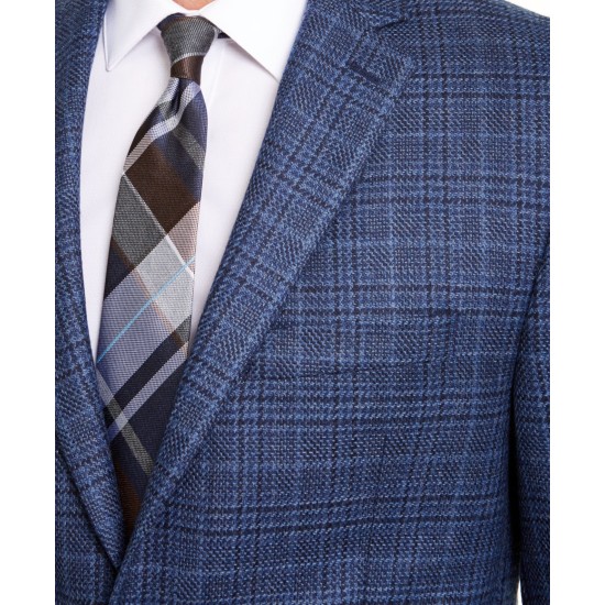  Men Blazer Plaid Notch Collar Wool, Navy, 42T