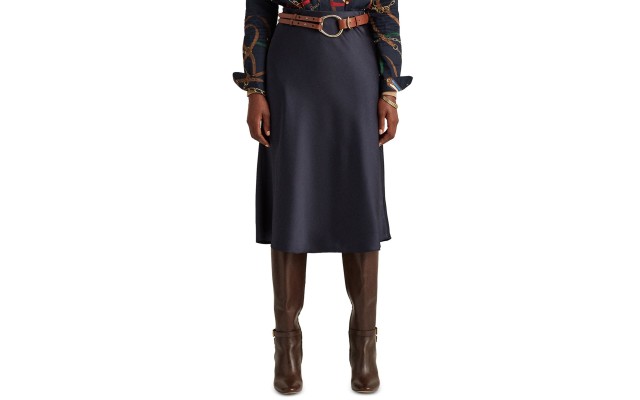 Lauren Ralph Lauren Women’s Petite Size Satin Pull-On Skirt (Navy, 18s)