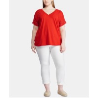 Lauren Ralph Lauren Womens Plus Lace Trim V-Neck T-Shirt