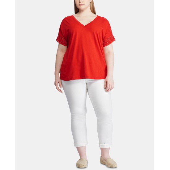 Lauren Ralph Lauren Womens Plus Lace Trim V-Neck T-Shirt, Red, 1X
