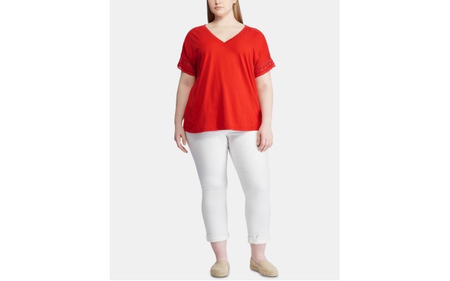 Lauren Ralph Lauren Womens Plus Lace Trim V-Neck T-Shirt