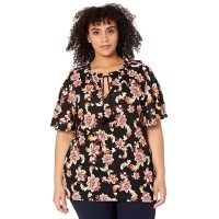 LAUREN Ralph Lauren Women’s  Plus Size Floral Print Half Sleeve Top (Black, 1X)