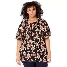 LAUREN Ralph Lauren Women’s  Plus Size Floral Print Half Sleeve Top (Black, 1X)