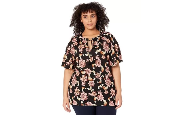 LAUREN Ralph Lauren Women’s  Plus Size Floral Print Half Sleeve Top (Black, 1X)