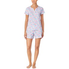 Lauren Ralph Lauren Women`s Split Neck and Boxer Shorts 2 Piece Cotton Pajama Set (Multi Floral, X-Small)