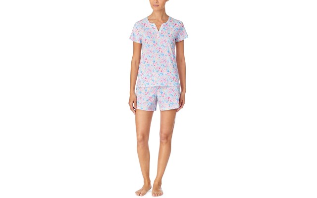 Lauren Ralph Lauren Women`s Split Neck and Boxer Shorts 2 Piece Cotton Pajama Set (Multi Floral, X-Small)
