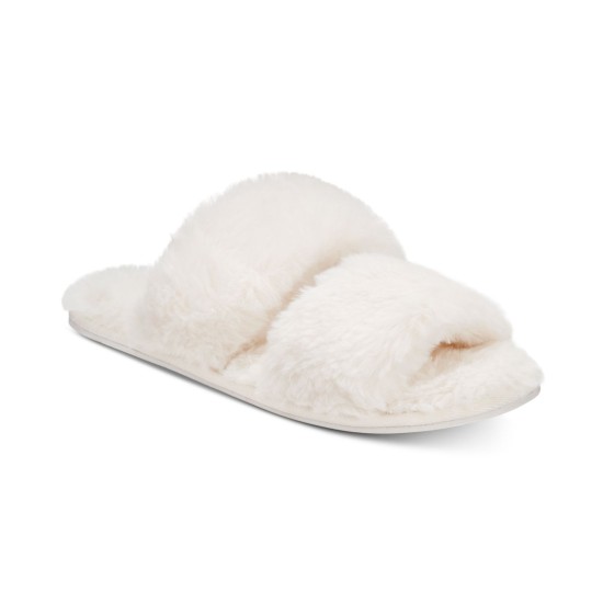  Women’s Two-Strap Faux-Fur Slide Slippers (White, S/M)
