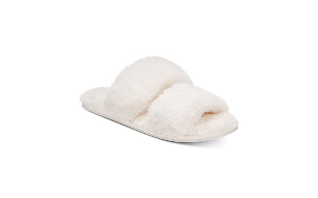  Women’s Two-Strap Faux-Fur Slide Slippers (White, S/M)