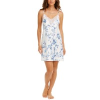 Linea Donatella Aviary Lace-Trim Floral-Print Satin Chemise Nightgown (White, X-Large)