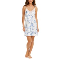 Linea Donatella Aviary Lace-Trim Floral-Print Satin Chemise Nightgown (White, X-Large)