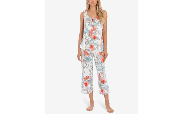  Tropical-Print Tank Top & Cropped Pajama Pants Set (White), White, Large