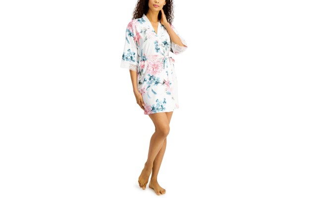  Women’s Floral-print Wrap Robe Ivory (White, Large/X-Large)