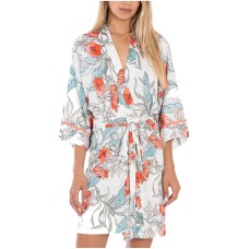 Linea Donatella Womens Tropical-Print Short Wrap Robe (Ivory, Large/X-Large)