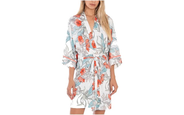  Womens Tropical-Print Short Wrap Robe (Ivory, Large/X-Large)