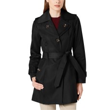 London Fog Hooded Double Collar Belted Raincoat, Black, XXS