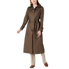 London Fog Single-Breasted Water-Resistant Hooded Raincoat, Green, M