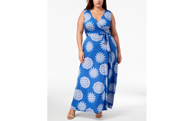  Trendy Plus Size Faux-Wrap Maxi Dress (Blue/White, 3X)