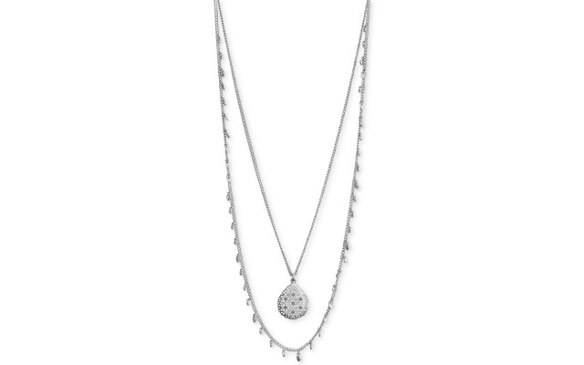  Silver-Tone Pave Double-Layer Pendant Necklace, 26-1/2″ + 2″ Extender