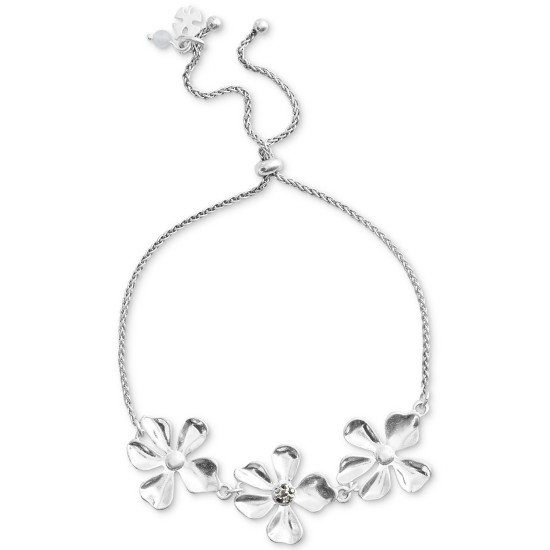  Silver-Tone Pave Flower Slider Bracelets
