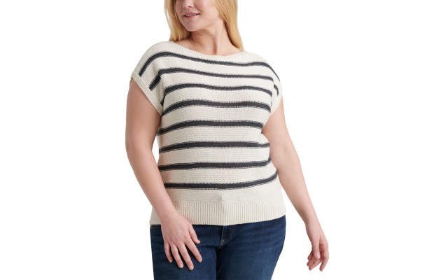 Stripe Short Sleeve Sweater Plus Size Women’s 1X – White