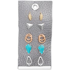 Lucky Brand Two-Tone 5-Pc. Set Pave & Turquoise-Look Stone Stud Earrings, Gold/Silver