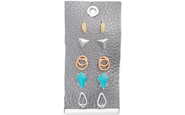  Two-Tone 5-Pc. Set Pave & Turquoise-Look Stone Stud Earrings, Gold/Silver