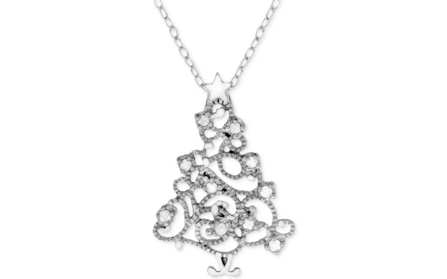 Macy’s Diamond (1/10 ct. t.w.) Christmas Tree 18″ Pendant Necklace (Silver)