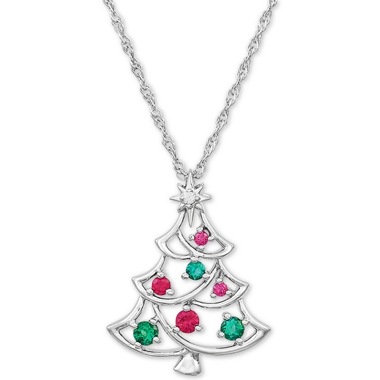 Macy’s Lab-Created Multi-Gemstone Christmas Tree Pendant Necklace (Silver)