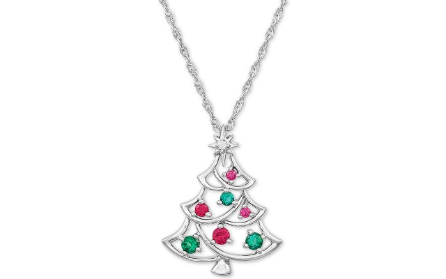 Macy’s Lab-Created Multi-Gemstone Christmas Tree Pendant Necklace (Silver)