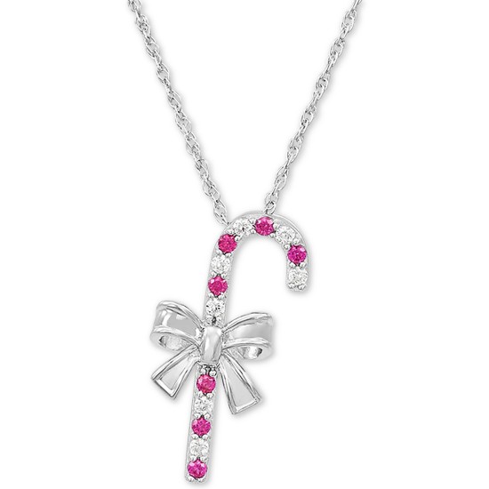 Macy’s Lab-Created Ruby (1/6 ct. t.w.) Candy Cane 18″ Pendant Necklace (Silver)