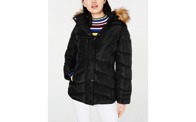  Juniors Hooded Faux-Fur-Trim Puffer Coats, Black, 2XL