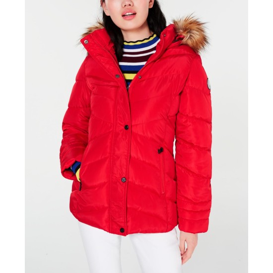  Juniors Hooded Faux-Fur-Trim Puffer Coats, Red, X-Small