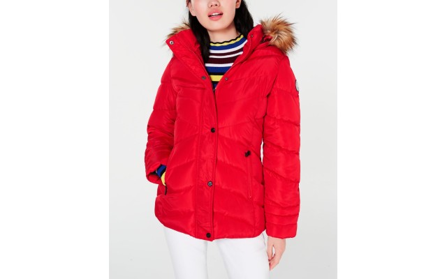  Juniors Hooded Faux-Fur-Trim Puffer Coats, Red, X-Small