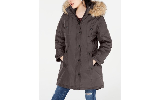  Juniors Hooded Faux-Fur-Trim Parkas, Gray, X-Large