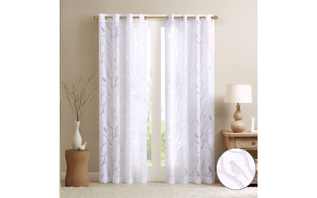 Madison Park Averil Sheer Burnout Bird Grommet Curtain Panel (White, 50″ x 84″)