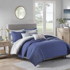Madison Park Blue Marina 8 Pcs Printed Seersucker Comforter and Coverlet Set Collection (Navy, Full/Queen)