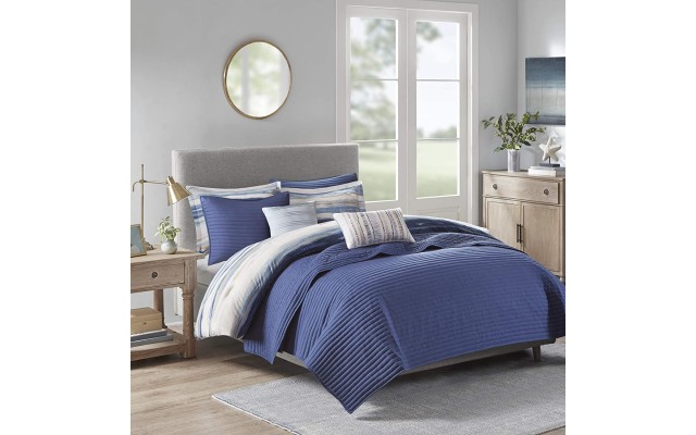  Blue Marina 8 Pcs Printed Seersucker Comforter and Coverlet Set Collection (Navy, Full/Queen)