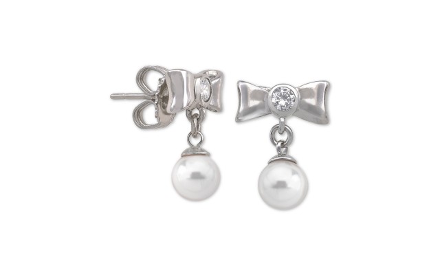  Sterling Silver Cubic Zirconia Bow & Imitation Pearl Drop Earrings – White