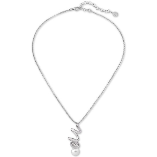  Sterling Silver Imitation Pearl Spiral Pendant Necklace (14″ + 4″)