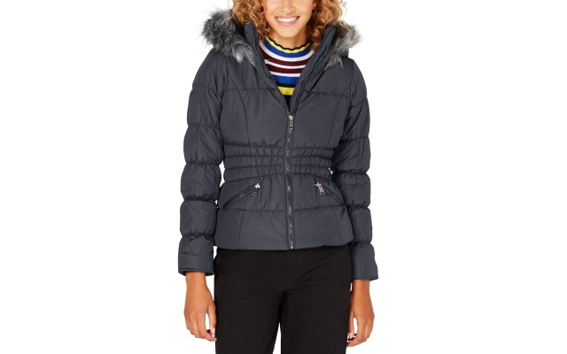  Juniors’ Faux-Fur-Trim Hooded Puffer Coat,Gray, L