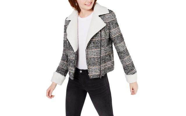 Maralyn & Me Juniors’ Faux-Shearling-Trim Moto Jacket, Charcoal, XL
