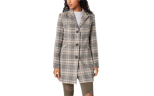 Maralyn & Me Juniors’ Plaid Walker Coat, Charcoal, XL