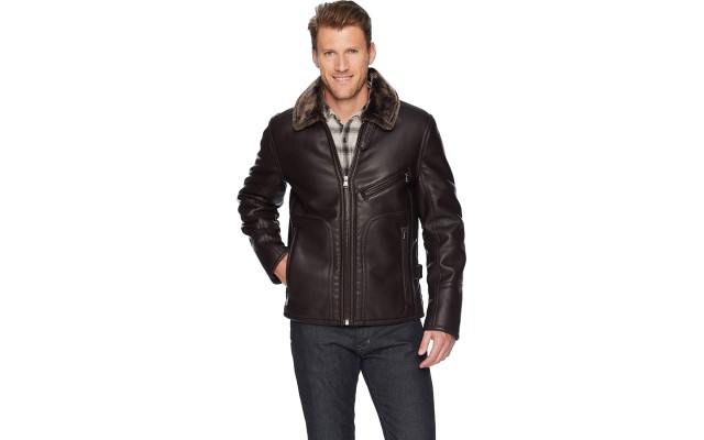  by Andrew Marc Men’s Faux Shearling Pilot Jacket, (Brown, Small)
