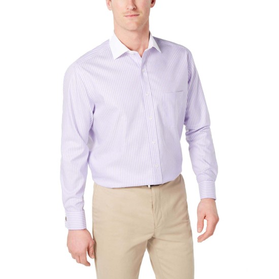 Men's Classic/Regular Fit Non-Iron Supima Cotton Twill Bar Stripe French Cuff Dress Shirt, Purple, 15X32-33