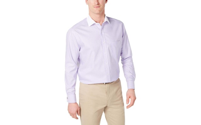 Men's Classic/Regular Fit Non-Iron Supima Cotton Twill Bar Stripe French Cuff Dress Shirt, Purple, 15X32-33