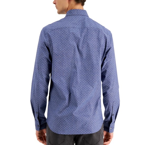 Michael Kors Cotton Stretch Mini Petal Floral Print Slim Fit Button Down Shirt (Blue, XX-Large)