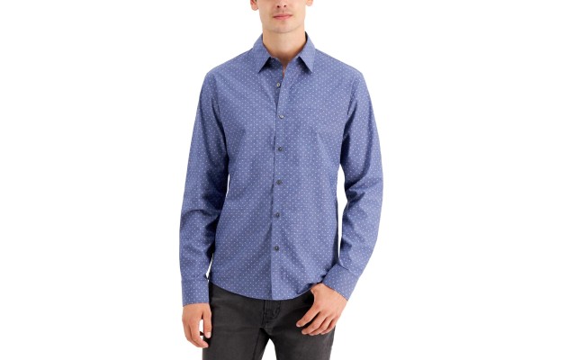 Michael Kors Cotton Stretch Mini Petal Floral Print Slim Fit Button Down Shirt (Blue, XX-Large)