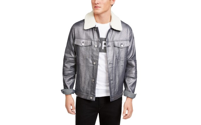  Men’s Metallic Moto Trucker Jacket (Silver, XL)