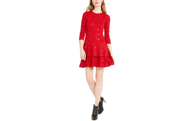  Sequin Jacquard Tiered-Hem A-Line Dress, Red, Small