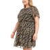  Womens Black Printed Short Sleeve Jewel Neck Short Shift Dress (Black/Gold, 2X)
